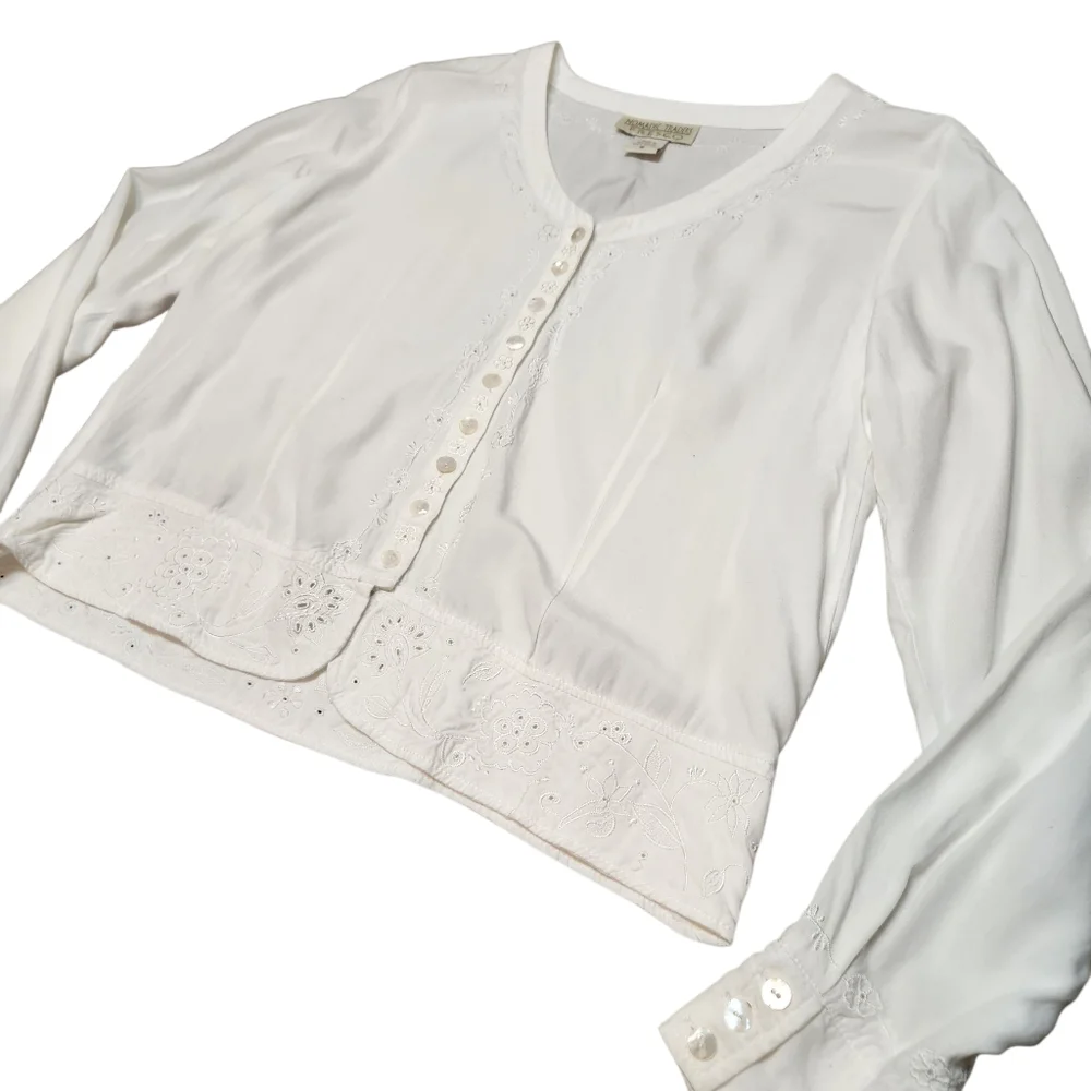 Y2K‎ Top Long Sleeve Cottagecore Fairy White Embroidered Lace Boho Indie Crop S